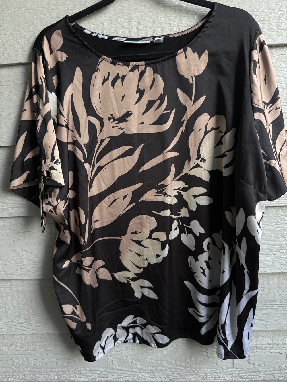 Susan Graver QVC Liquid Knit Floral Tie Sleeve Top 2X Black Taupe
